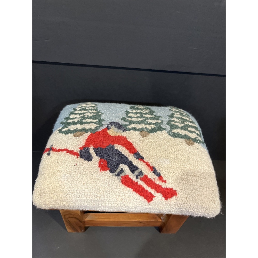Footstool Chandler Needlepoint Skier Winter Snow Tree Scene Solid Wood Base